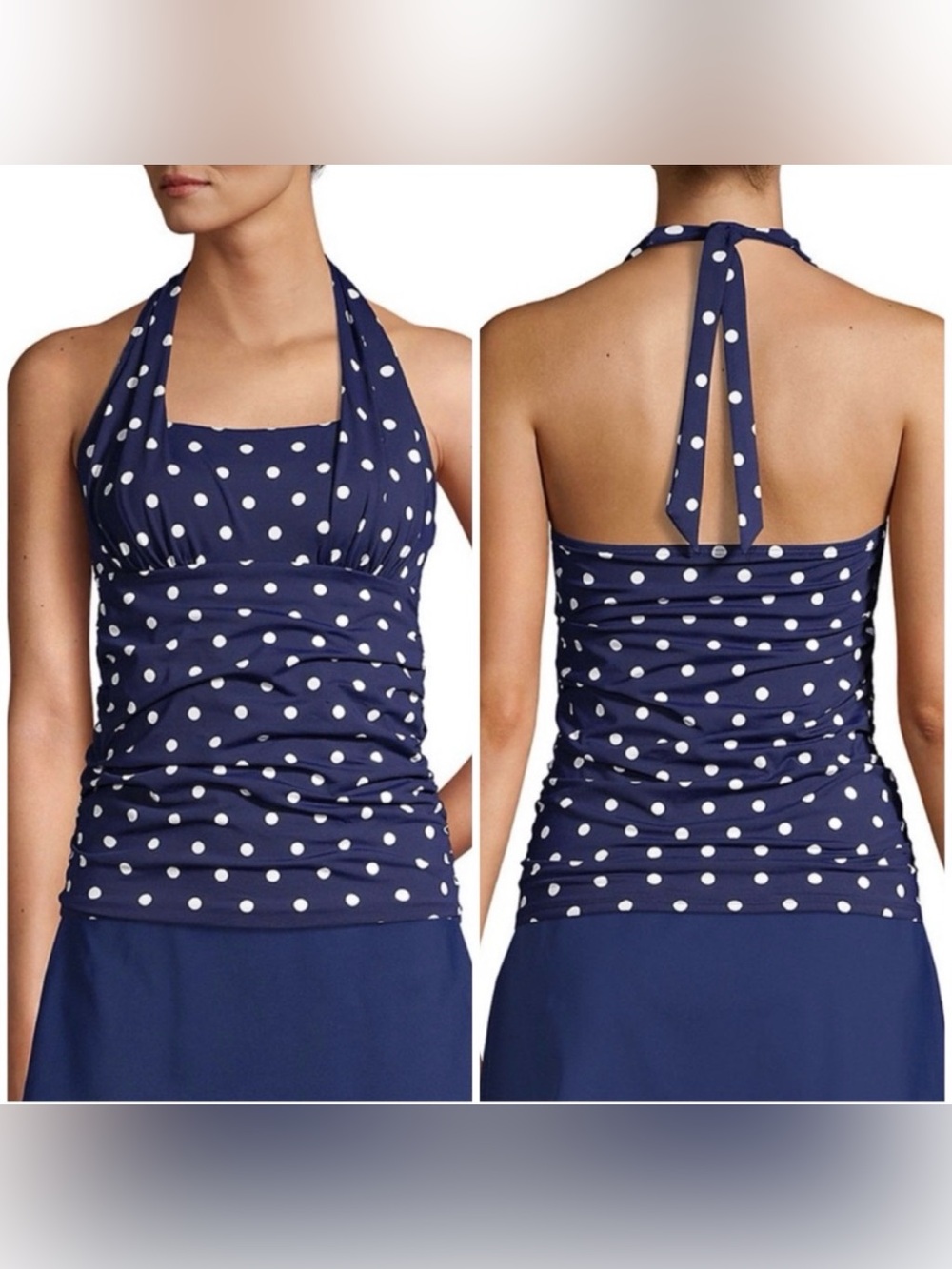 Lands' End Ruched Halter Swim Top Navy White Polka Dot Size 2 NWT